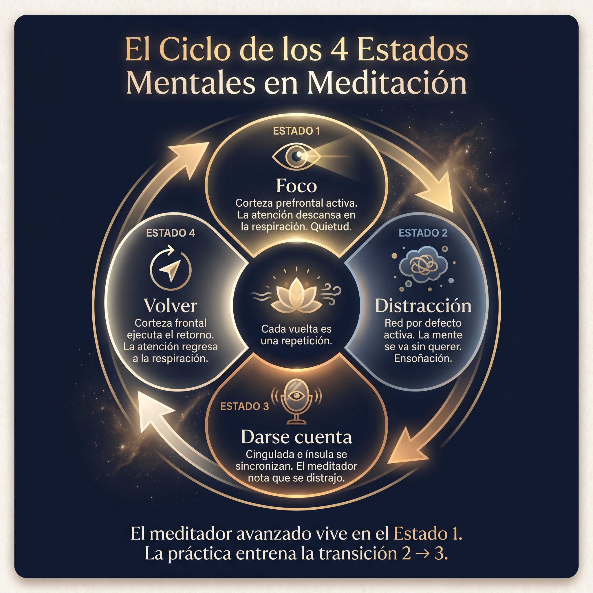 Ciclo de los 4 estados mentales en meditación: Foco → Distracción → Darse cuenta → Volver → Foco